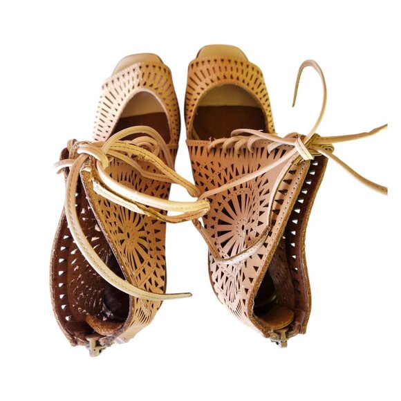 Jeffrey Campbell Rodillo Laser Cut Lace Up Open Toe Wedge Sandals Booties Size 7 - Picture 7 of 13